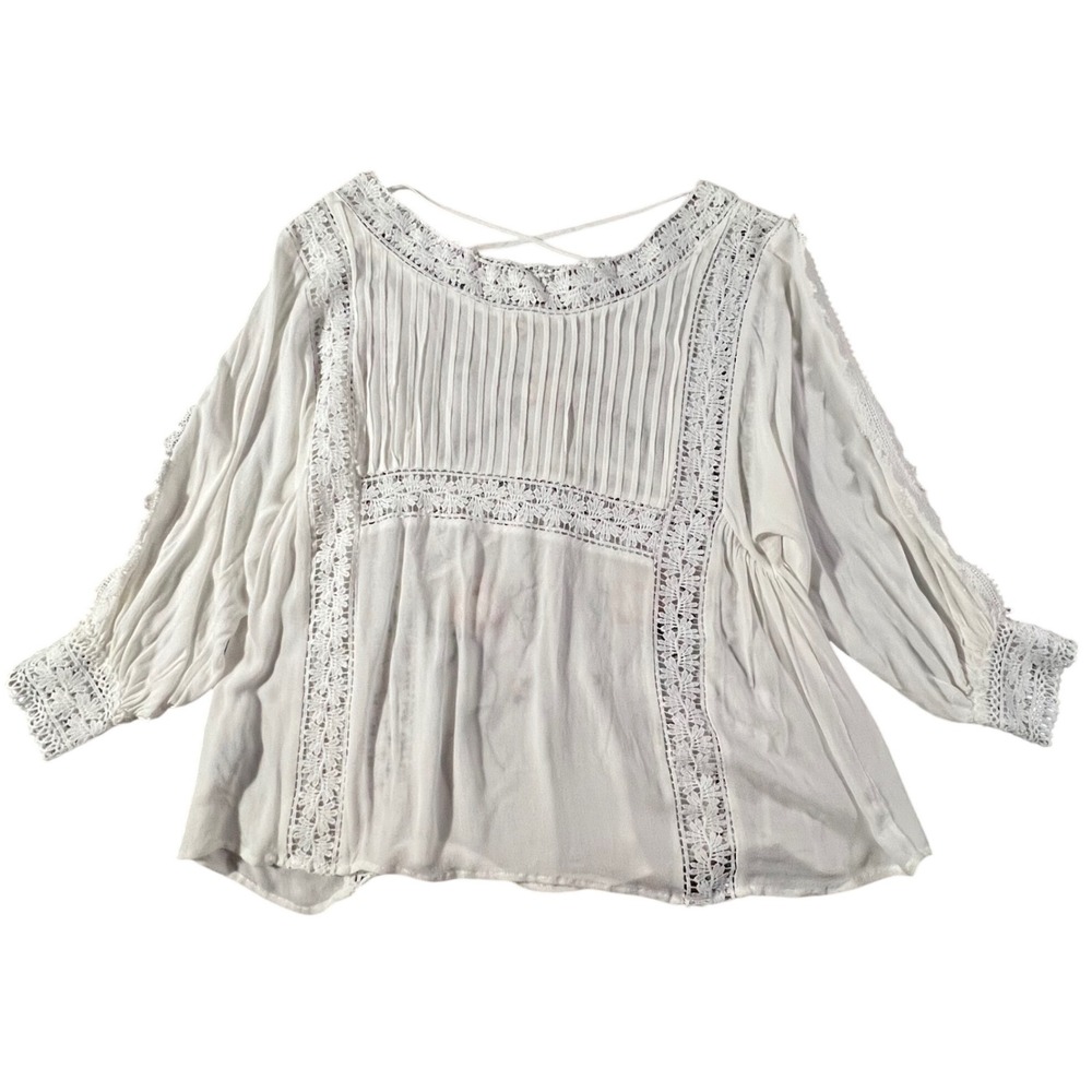 POL Embroidered Floral Lace Blouse Women S White WFT45 Boho Crochet Pintuck Top‎ - Picture 3 of 9